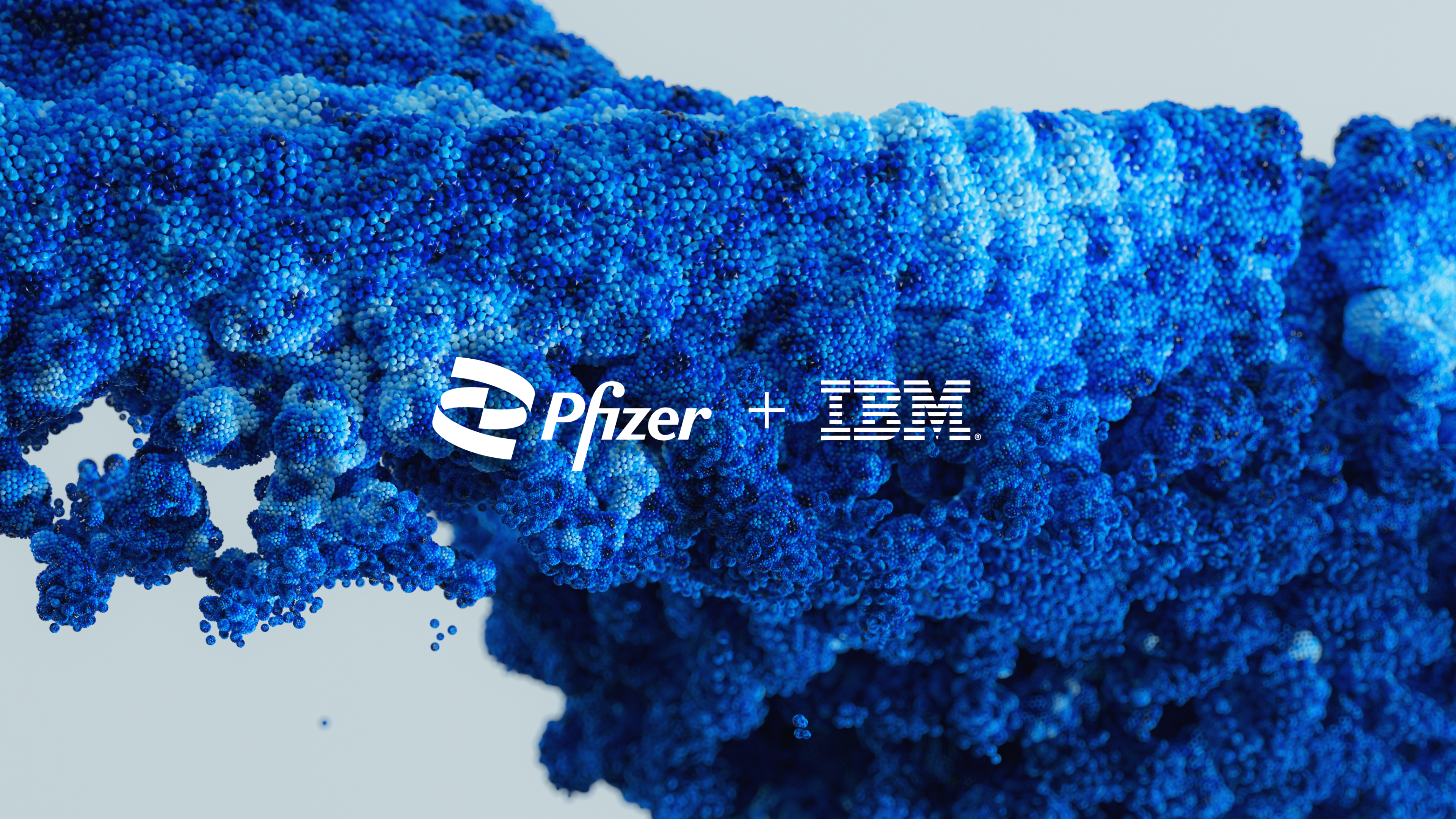 Pfizer + IBM logos over 3d render of blue molecules