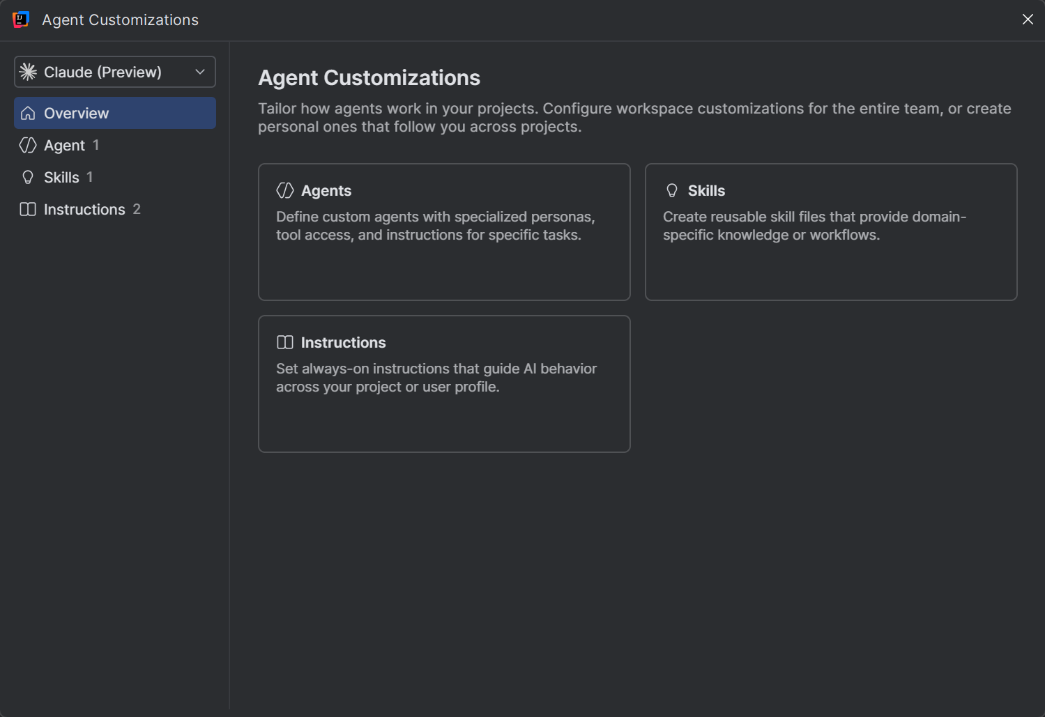 Agent customizations view showing Claude agent provider configuration
