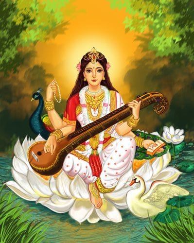 ज्ञान और बुद्धि की देवी सरस्वती की रंगीन पेंटिंग