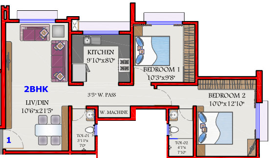 Thapar Suburbia 2 BHK 708 sq.ft floor plan