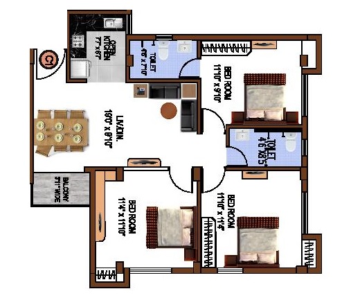 Eden Tolly Gardenia 3 BHK 1164 sq.ft floor plan