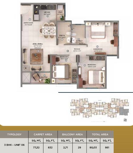 Shapoorji Pallonji Joyville Howrah 3 BHK 861 sq.ft floor plan