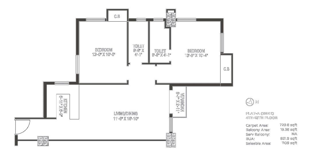 Purti Flowers 2 BHK 1109 sq.ft floor plan