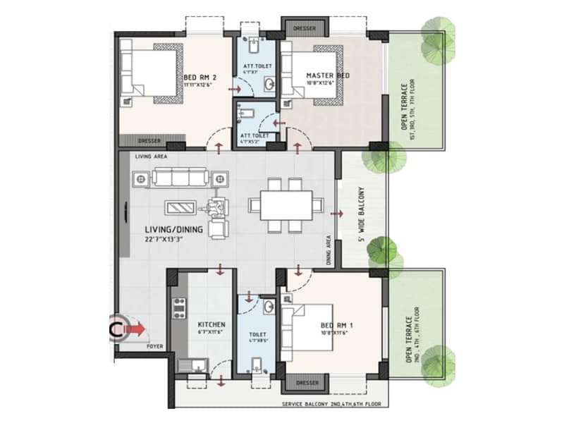 Look Saket Evara 3 BHK 1126 sq.ft floor plan