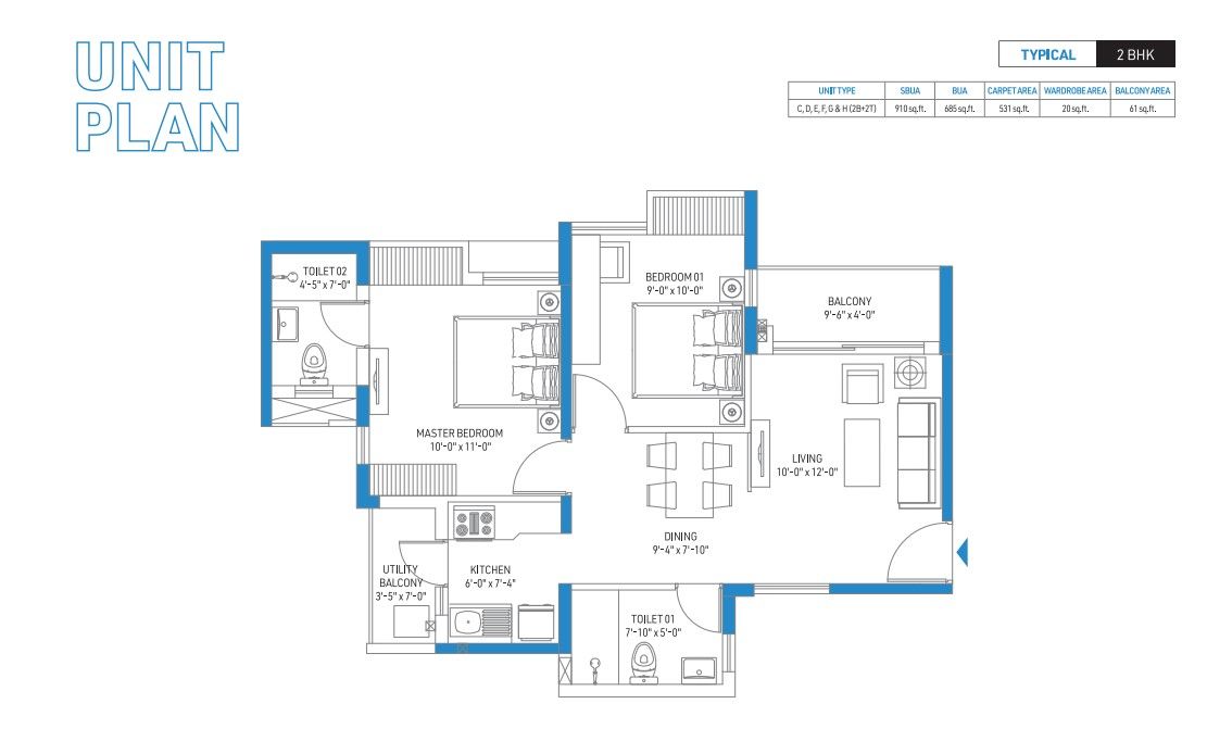 DTC Rajarhat 2 BHK 910 sq.ft floor plan